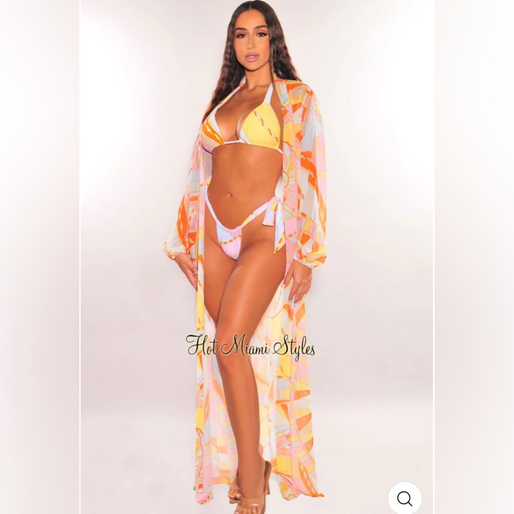 Multi Color Print Long Sleeve Maxi Cover Up size L